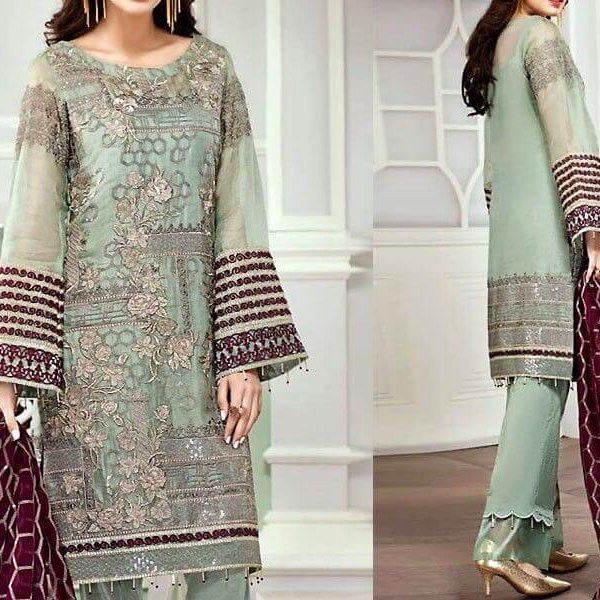 Embroidered Chiffon Dress with Silk Trouser in pakistan sanwarna.pk