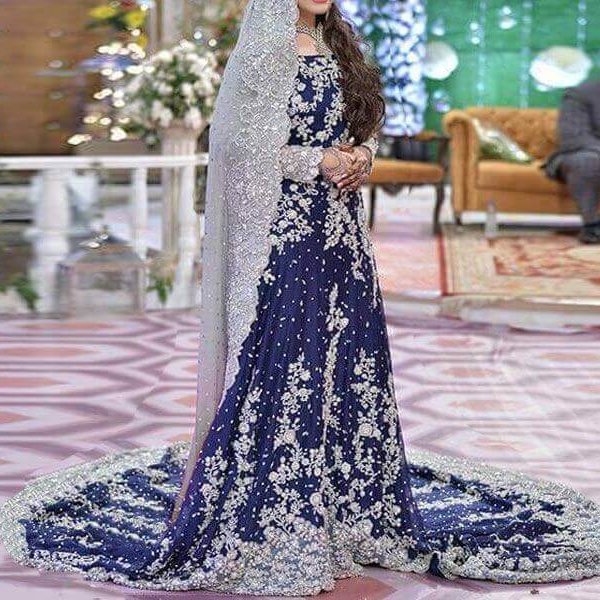 Heavy Embroidered Blue Chiffon Bridal Maxi Dress Price in pakistan sanwarna.pk