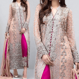 Bridal Heavy Embroidered Peach Chiffon dress in pakistan sanwarna.pk