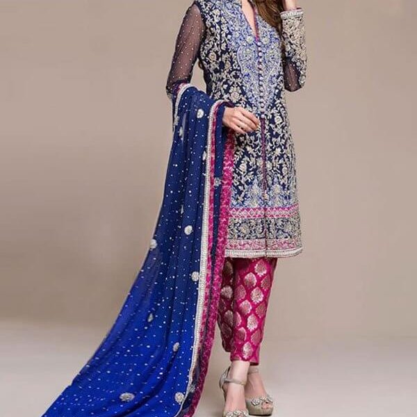Embroidered Navy Blue Chiffon Wedding Dress Price in pakistan sanwarna.pk