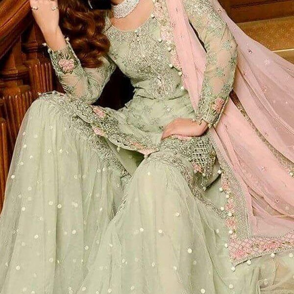Heavy Embroidered Chiffon Dress with Net Palazzo Trouser in pakistan sanwarna.pk
