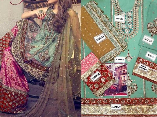 Pukhraj Embroidered Chiffon Bridal Dress with Jamawar Trouser in pakistan sanwarna.pk