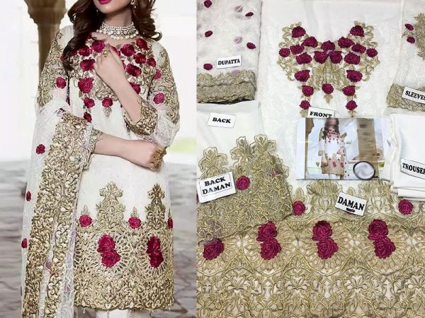 Designer Embroidered White Chiffon Dress with Chiffon Dupatta in pakistan sanwarna.pk