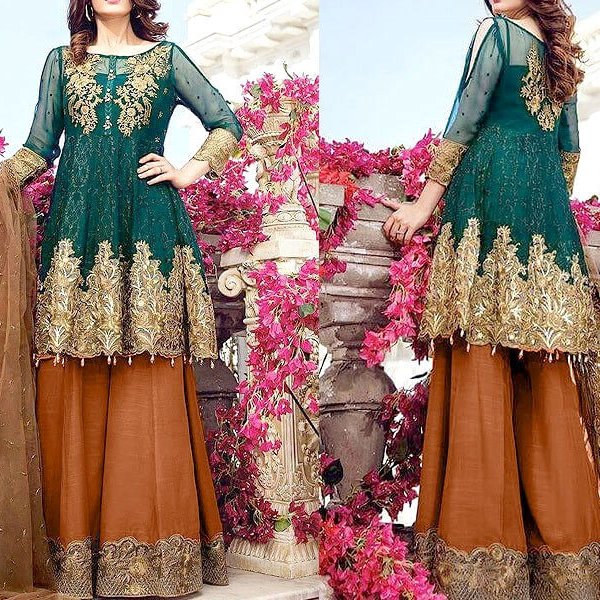 Embroidered Green Chiffon Suit with Net Dupatta in pakistan sanwarna.pk
