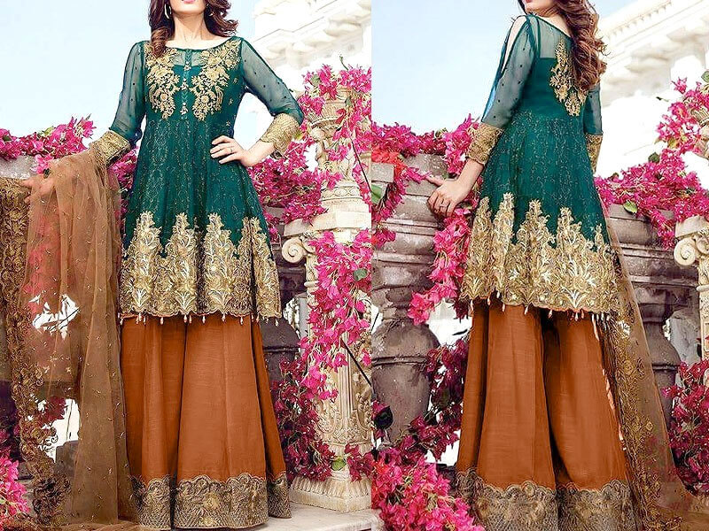 Embroidered Green Chiffon Suit with Net Dupatta in pakistan sanwarna.pk