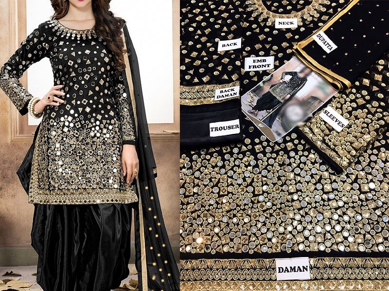 Mirror Work Embroidered Black Chiffon Party Dress Price in pakistan sanwarna.pk