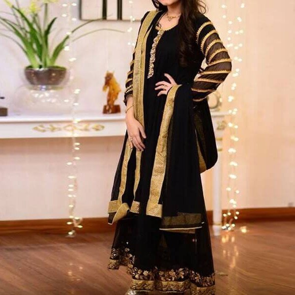 indian embroidered chiffon maxi dress in pakistan sanwarna.pk