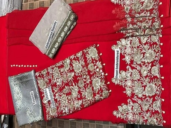 Embroidered Red Chiffon Dress with Net Dupatta Price in pakistan sanwarna.pk