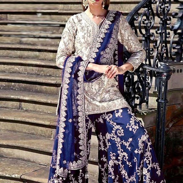 Embroidered Chiffon Dress with Embroidered Silk Trouser in pakistan sanwarna.pk