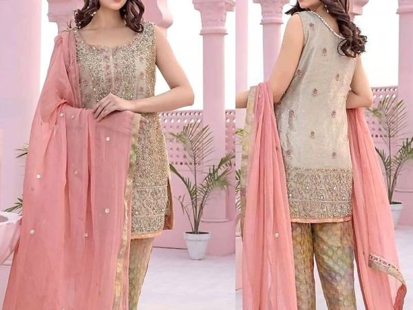 Masoori Dress with Jamawar Trouser & Chiffon Embroidered in pakistan sanwarna.pk
