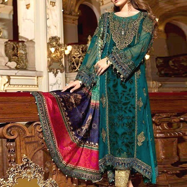 Heavy Embroidered Chiffon Suit with Digital Print Silk Dupatta in pakistan sanwarna.pk