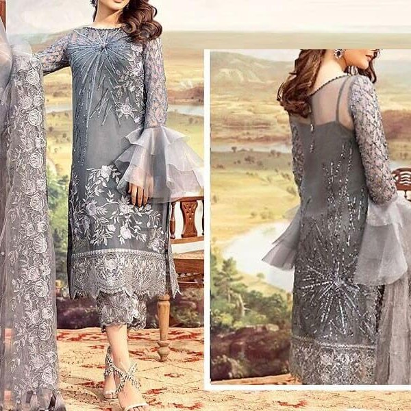 Heavy Embroidered Grey Net Wedding Dress in pakistan sanwarna.pk