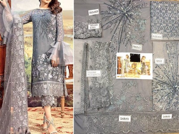 Heavy Embroidered Grey Net Wedding Dress Price in pakistan sanwarna.pk