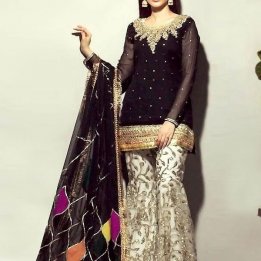 Embroidered Black Chiffon Suit with Embroidered Silk Trouser in pakistan sanwarna.pk