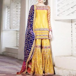 Heavy Embroidered Chiffon Mehndi Dress with Jamawar Trouser in pakistan sanwarna.pk