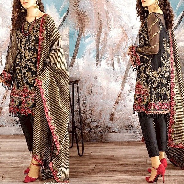 Heavy Embroidered Black Chiffon Dress in pakistan sanwarna.pk
