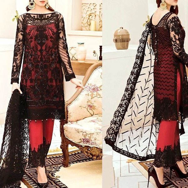 Luxury Embroidered Cotton Lawn Dress with Net Dupatta - sanwarna.pk