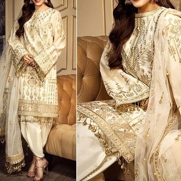 Luxury Embroidered Cotton Lawn Dress with Net Dupatta in pakistan sanwarna.pk