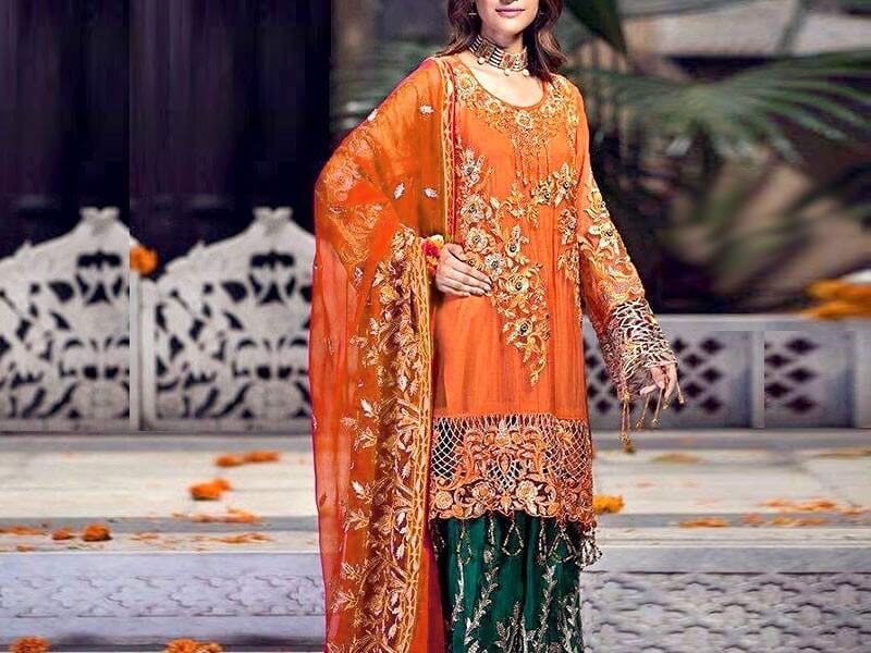 Heavy Handwork Embroidered Chiffon Wedding Dress Price in pakistan sanwarna.pk