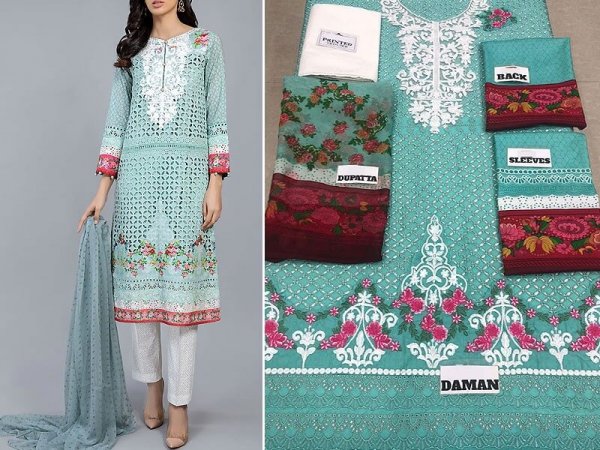 Schiffli Embroidered Lawn Dress with Chiffon Dupatta in pakistan sanwarna.pk