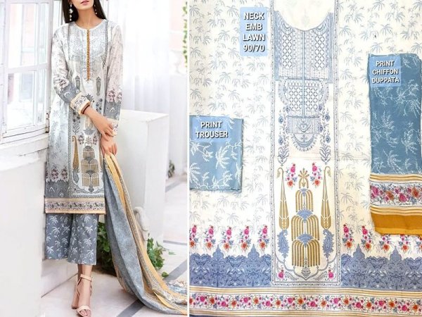 Latest Embroidered Lawn Dress 2020 with Chiffon Dupatta in pakistan sanwarna.pk