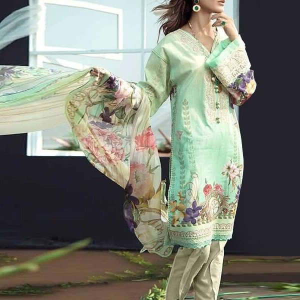 Neck Embroidered Lawn Dress With Chiffon Dupatta in pakistan sanwarna.pk