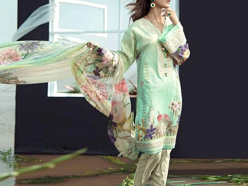 Neck Embroidered Lawn Dress With Chiffon Dupatta in pakistan sanwarna.pk