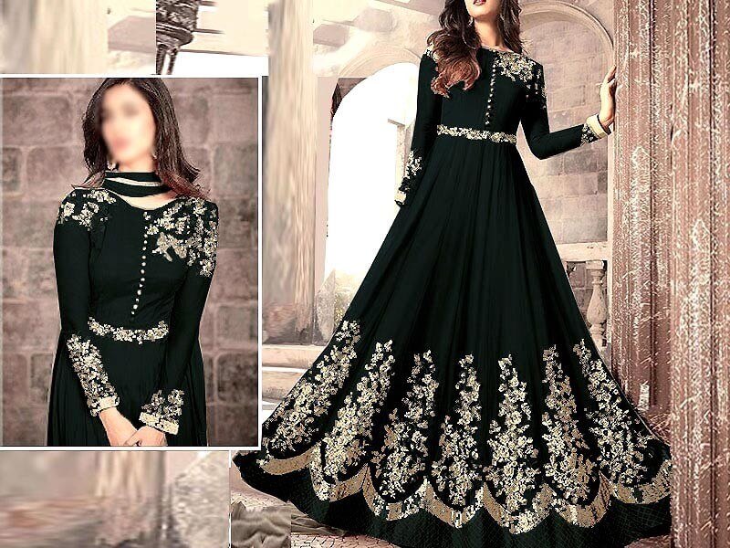 Indian Embroidered Black Chiffon Maxi Unstitched in pakistan sanwarna.pk