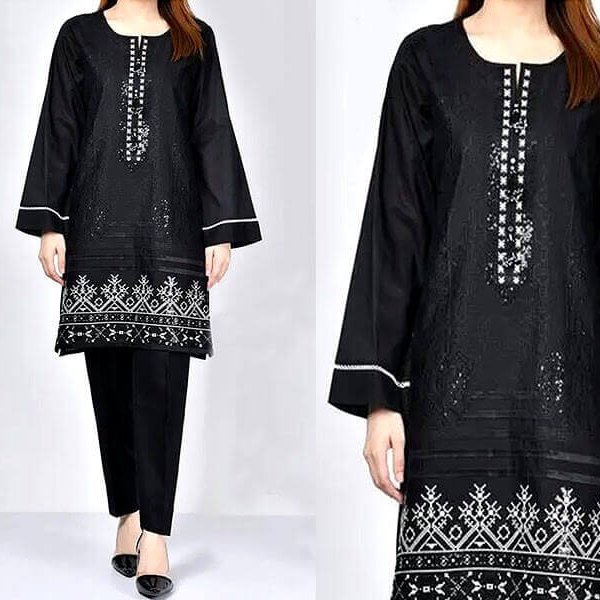 2-Pcs Sequins Embroidered Black Lawn Dress in pakistan sanwarna.pk