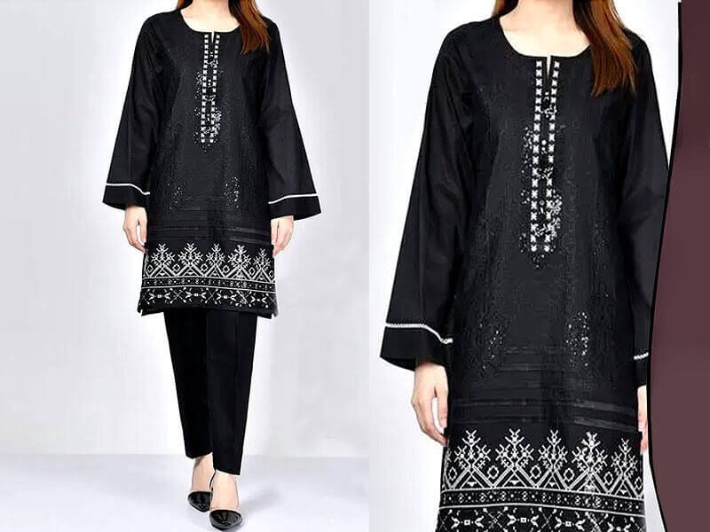 2-Pcs Sequins Embroidered Black Lawn Dress in pakistan sanwarna.pk