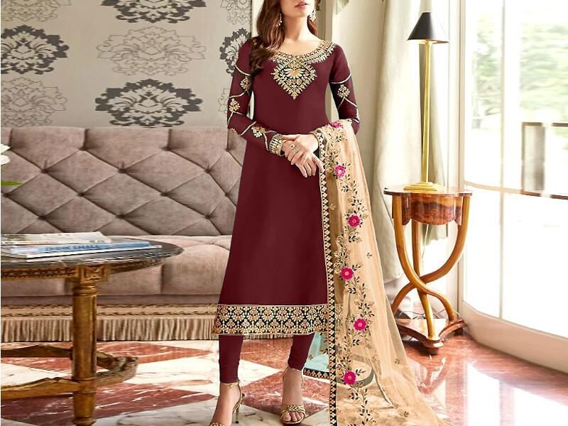 Embroidered Cotton Dress with Embroidered Net Dupatta in pakistan sanwarna.pk