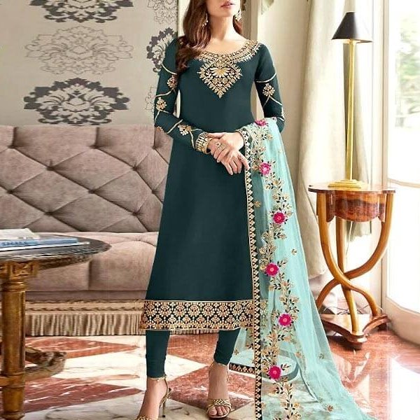 Embroidered Cotton Dress with Embroidered Net Dupatta in pakistan sanwarna.pk
