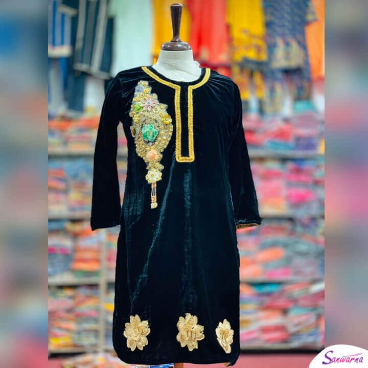 Embroidered Velvet stitched Kurti from sanwarna.pk