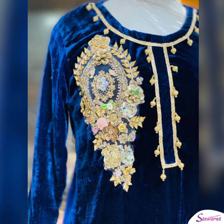 Blue Embroidered Velvet Kurti Design 2021 in Pakistan