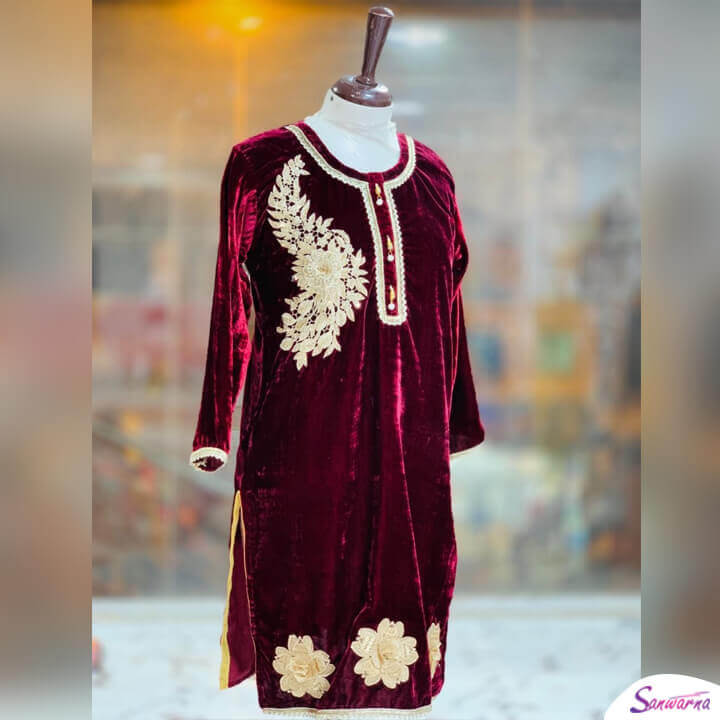 stitched velvet Kurties with hand embroidered sanwarna.pk