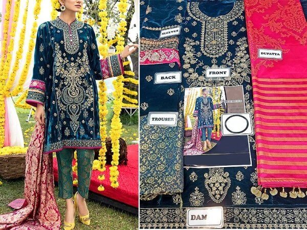 Heavy Embroidered Velvet Dress with Jamawar Trouser sanwarna.pk